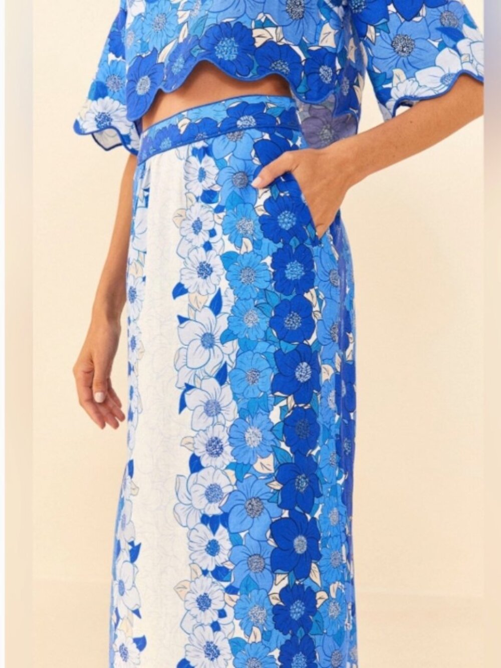 FARM Rio Blue Flower Stripes Crop Top and Midi Skirt Linen Scallop Set Medium - Picture 3 of 13